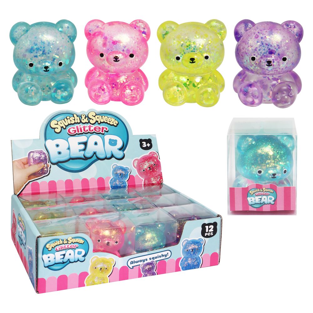 Four colorful glittery bear toys with packaging displaying brand name and product details.