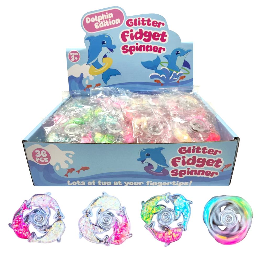 Box of glitter fidget spinners with dolphin edition packaging on a white background
